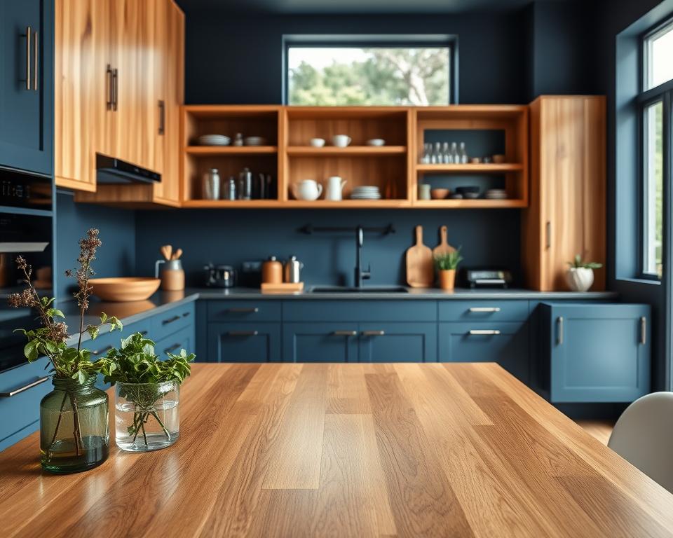 A modern kitchen featuring a rich navy blue color scheme complemented by warm wooden elements. In the foreground, display a sleek kitchen island with a polished wooden countertop adorned with fresh herbs and an elegant vase. In the middle ground, show high-quality cabinetry with a mix of open shelves and closed storage, showcasing stylish kitchenware. The background should include a window allowing natural light to spill in, highlighting the textures and colors of the space. Use soft, diffused lighting to create a cozy atmosphere, with a slight lens flare for a welcoming feel. Capture the scene from a slightly elevated angle to emphasize the layout and practical choices in furniture and countertops, aiming for a sophisticated yet functional aesthetic.