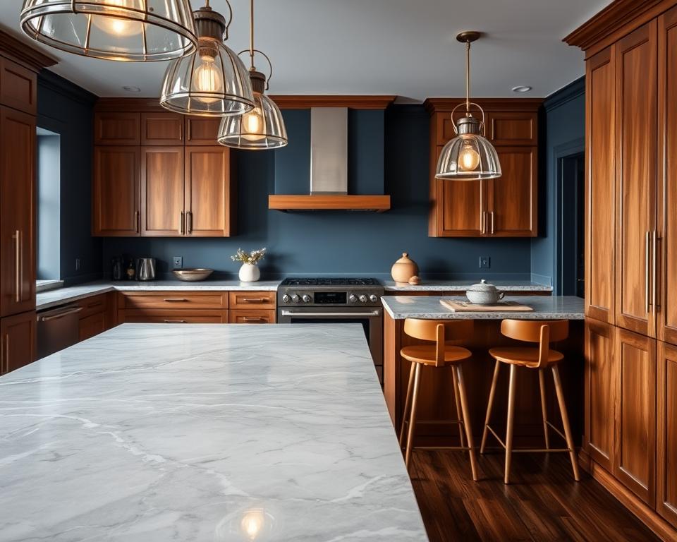A modern kitchen that harmoniously blends classic elements with contemporary design. In the foreground, a sleek marble countertop with intricate veining, complemented by stylish wooden cabinetry showcasing rich, dark tones. The middle ground features a stylish kitchen island with minimalistic bar stools, seamlessly merging functionality with aesthetic appeal. The walls, painted in a deep navy blue, provide a striking backdrop, while warm wooden accents create a cozy atmosphere. Soft, diffused lighting from elegant pendant lamps highlights the textures and colors, creating an inviting and elegant ambiance. The overall mood is one of sophistication and comfort, where traditional charm meets modern efficiency, with no text or distractions in the scene.