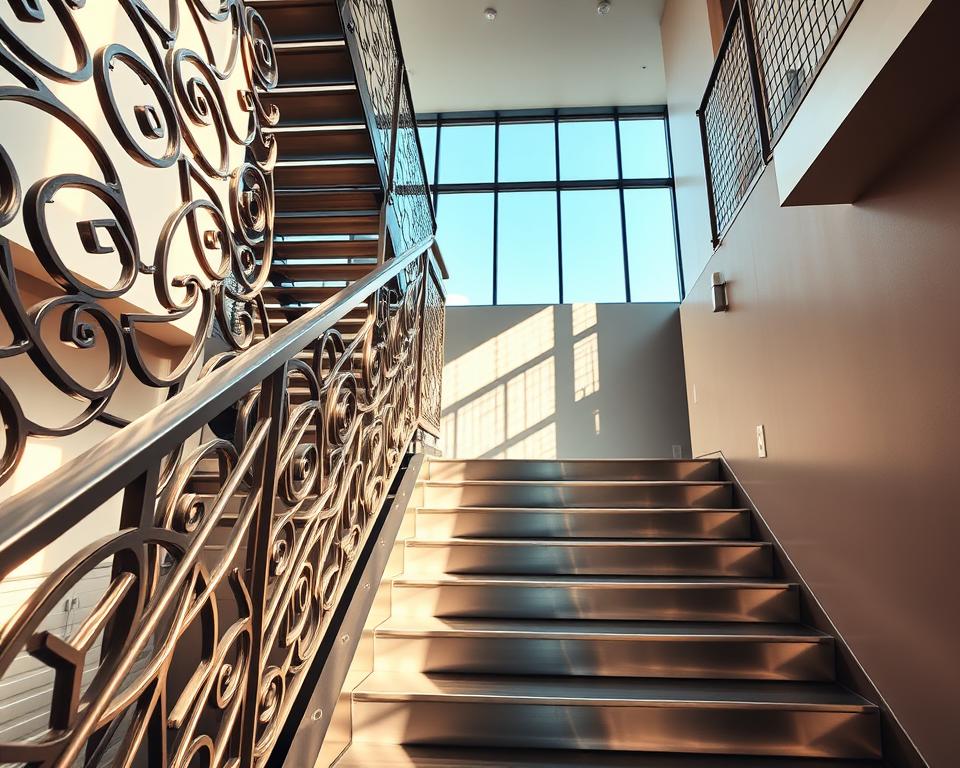 A modern metal staircase design, showcasing an elegant blend of functionality and aesthetics. In the foreground, intricate metal railings with geometric patterns twist gracefully alongside sturdy steps made of brushed steel. The middle ground features a spacious, contemporary interior with large windows allowing natural light to pour in, illuminating the staircase. In the background, soft shadows create depth against a minimalist wall painted in a muted color. The atmosphere is inviting and sophisticated, capturing the essence of modern architecture. The scene is shot with a wide-angle lens from a low angle, accentuating the height and grandeur of the staircase, with warm, diffused lighting enhancing the metallic textures and reflections.