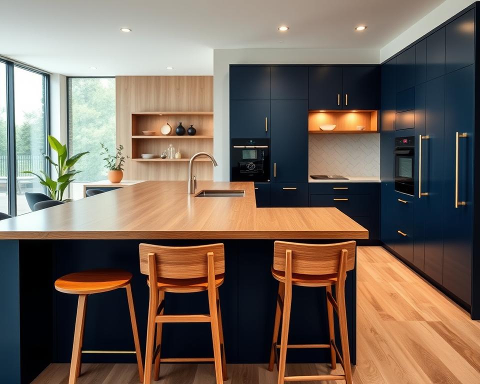 A modern navy blue kitchen design featuring warm wooden accents. In the foreground, showcase a sleek kitchen island with a polished wooden countertop and minimalist bar stools. In the middle, include contemporary cabinetry in a deep navy hue, complemented by brass handles, and state-of-the-art appliances seamlessly integrated. The background should reveal an open layout with large windows allowing natural light to flood in, enhancing the spacious feel. Highlight the use of geometric tiles in a light color for the backsplash. The atmosphere should be inviting and stylish, with soft, warm lighting that creates a cozy ambiance. Use a wide-angle perspective to capture the entire kitchen space, ensuring the focus is on balanced design elements that merge navy and wood harmoniously.