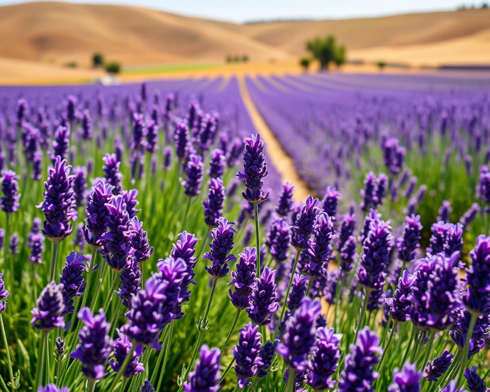 A picturesque lavender field in Poland, bathed in optimal sunlight. The foreground features vibrant clusters of blooming lavender, their rich purple hues contrasting beautifully with green stems. In the middle ground, rows of lavender plants are meticulously arranged, showcasing the ideal growing conditions. The background reveals a gentle, sunny landscape with rolling hills and a clear blue sky, hinting at the warmth and brightness essential for lavender cultivation. Soft sunlight filters through the scene, creating a warm, inviting atmosphere. The angle is slightly elevated to capture the depth of the field, enhancing the visual appeal. The image is serene and tranquil, evoking a sense of harmony with nature, ideal for illustrating optimal conditions for lavender growth.