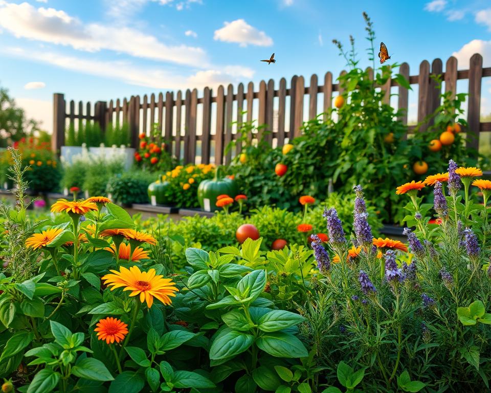 A picturesque rural garden overflowing with a variety of plants and herbs, showcasing vibrant greens and colorful blooms. In the foreground, there are lush basil and rosemary plants, intermixed with delicate flowers like marigolds and lavender, their textures contrasting beautifully. The middle layer features neatly arranged vegetable beds, with tomatoes and bell peppers peering through their lush foliage, while bees and butterflies hover above the flowers, adding a lively touch. In the background, a rustic wooden fence frames the scene, and a blue sky with gentle clouds casts warm, soft lighting over the entire garden, enhancing its charm. The overall mood is tranquil and inviting, capturing the essence of a beautiful countryside garden that feels alive and flourishing. A picturesque rural garden overflowing with a variety of plants and herbs, showcasing vibrant greens and colorful blooms. In the foreground, there are lush basil and rosemary plants, intermixed with delicate flowers like marigolds and lavender, their textures contrasting beautifully. The middle layer features neatly arranged vegetable beds, with tomatoes and bell peppers peering through their lush foliage, while bees and butterflies hover above the flowers, adding a lively touch. In the background, a rustic wooden fence frames the scene, and a blue sky with gentle clouds casts warm, soft lighting over the entire garden, enhancing its charm. The overall mood is tranquil and inviting, capturing the essence of a beautiful countryside garden that feels alive and flourishing.