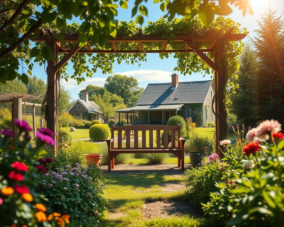 A picturesque rural garden planning scene unfolds in the foreground, showcasing a beautifully arranged space with vibrant flowers, herbs, and vegetables. In the middle ground, an inviting wooden garden bench sits under a trellis adorned with climbing vines, radiating a warm, rustic charm. The background features a quaint farmhouse surrounded by lush greenery, with a clear blue sky overhead. Soft, golden sunlight filters through the leaves, creating a serene and tranquil atmosphere. The image captures a wide-angle view, emphasizing the harmonious layout of the garden with a sense of depth. The overall mood is peaceful and idyllic, perfect for inspiring thoughts on cultivating a charming countryside garden. A picturesque rural garden planning scene unfolds in the foreground, showcasing a beautifully arranged space with vibrant flowers, herbs, and vegetables. In the middle ground, an inviting wooden garden bench sits under a trellis adorned with climbing vines, radiating a warm, rustic charm. The background features a quaint farmhouse surrounded by lush greenery, with a clear blue sky overhead. Soft, golden sunlight filters through the leaves, creating a serene and tranquil atmosphere. The image captures a wide-angle view, emphasizing the harmonious layout of the garden with a sense of depth. The overall mood is peaceful and idyllic, perfect for inspiring thoughts on cultivating a charming countryside garden.