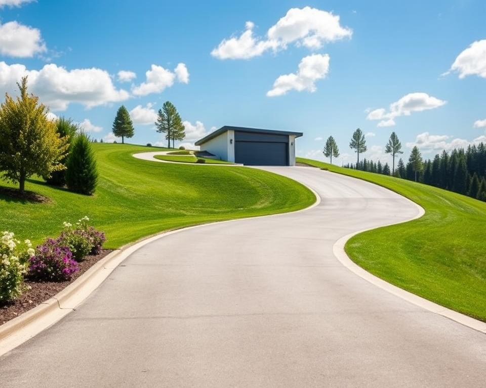 A scenic driveway leading to a modern garage situated on a gentle hill slope, showcasing optimal incline design for easy access. The foreground features a well-paved driveway with smooth curves, lined with decorative shrubs and flowers for an inviting touch. In the middle ground, the garage stands with a sleek, minimalist facade, surrounded by green grass and a clear path indicating the gradient. The background includes a bright blue sky with white clouds and a few distant trees, emphasizing a sunny day. Soft, natural lighting casts gentle shadows, enhancing the contours of the slope. Capture the mood of careful planning and functionality, illustrating a practical yet aesthetically pleasing approach to driveway design.