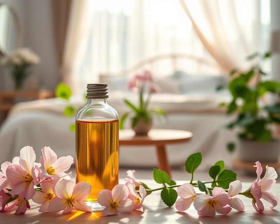 A serene and inviting scene depicting the essential oil of geranium, showcasing its healing and aromatic properties. In the foreground, a glass bottle filled with pure geranium oil sits among delicate geranium flowers, their soft petals in shades of pink and white. The middle ground features a small wooden table adorned with green leafy plants, hinting at a calming herbal atmosphere. In the background, a softly lit, elegantly designed bedroom with natural light streaming through sheer curtains creates a tranquil mood. The lens captures a warm, inviting tone, bringing out the gentle vibrancy of the oils and flowers, evoking a sense of relaxation and wellness within a cozy space, suitable for holistic healing practices related to aromatherapy.