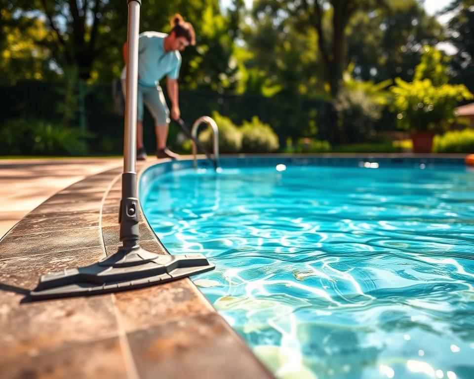A serene backyard setting featuring a sparkling, clear pool. In the foreground, a manual pool cleaning tool rests against the poolside, with a homeowner, dressed in modest casual clothing, scrutinizing the pool floor. In the middle ground, the pool is partially submerged with hints of algae and debris visible, demonstrating the need for cleaning. The background shows lush greenery, with sunlight filtering through the trees, creating a warm and inviting atmosphere. The angle captures the pool's surface reflecting shimmering light, highlighting the contrast between the clean water and the dirty bottom. The overall mood is calm and focused, suggesting an atmosphere of DIY and home care.