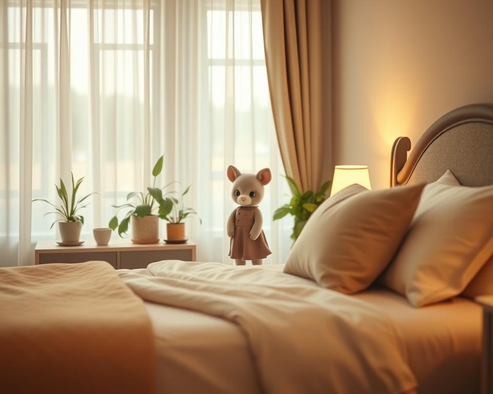 A serene bedroom scene showcasing a calm atmosphere, depicting an anginka (a fictional character or creature) gently standing near a beautifully made bed with soft, pastel-colored linens. The foreground features a cozy bed adorned with fluffy pillows and a warm throw blanket. In the middle, the anginka, with its whimsical features and friendly expression, is depicted in a safe, friendly pose, wearing modest, elegant attire. The background reveals a softly lit room with delicate curtains swaying slightly in a gentle breeze, potted plants near the window, and a softly glowing nightstand lamp. The warm golden light creates an inviting ambiance, enhancing the sense of safety and comfort within the space, inviting viewers to ponder the presence of this charming character in their own bedrooms.