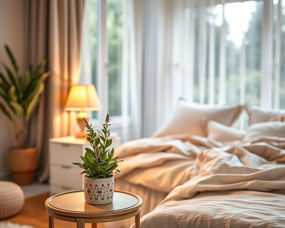 A serene bedroom setting infused with warmth and tranquility, showcasing the health benefits of sage. In the foreground, a small, elegant bedside table adorned with a sage plant in a decorative pot, emitting a gentle green hue. The middle ground features a plush bed with soft, neutral-colored linens, complemented by subtle textures. A soft glow from a bedside lamp casts a warm light, enhancing the cozy atmosphere. In the background, a large window draped in sheer curtains allows natural light to filter in, revealing a peaceful garden view. The overall mood is calming and health-oriented, emphasizing mindfulness and well-being within the space. Aim for a soft focus, using a warm color palette and gentle shadows to enhance the inviting feel.