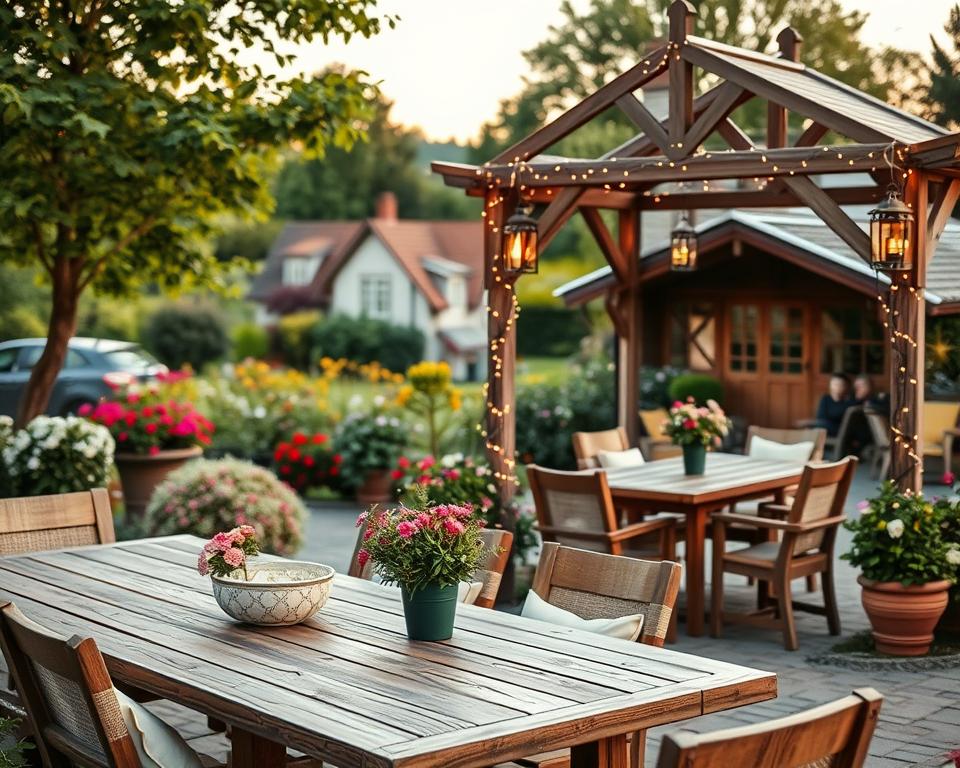 A serene countryside garden scene featuring elegant outdoor furniture and decorative elements that enhance coziness and functionality. In the foreground, a rustic wooden dining table with matching chairs is adorned with soft, inviting cushions, surrounded by potted plants with vibrant flowers. Midground includes a decorative wooden gazebo draped with fairy lights and hanging lanterns, creating a warm atmosphere. The background showcases lush greenery, blooming flowers, and a soft-focus view of a quaint village house. The lighting is golden hour, casting a soft glow that enriches the textures of the furniture and plants. The mood is tranquil and inviting, perfect for leisurely gatherings in a pastoral setting. A serene countryside garden scene featuring elegant outdoor furniture and decorative elements that enhance coziness and functionality. In the foreground, a rustic wooden dining table with matching chairs is adorned with soft, inviting cushions, surrounded by potted plants with vibrant flowers. Midground includes a decorative wooden gazebo draped with fairy lights and hanging lanterns, creating a warm atmosphere. The background showcases lush greenery, blooming flowers, and a soft-focus view of a quaint village house. The lighting is golden hour, casting a soft glow that enriches the textures of the furniture and plants. The mood is tranquil and inviting, perfect for leisurely gatherings in a pastoral setting.
