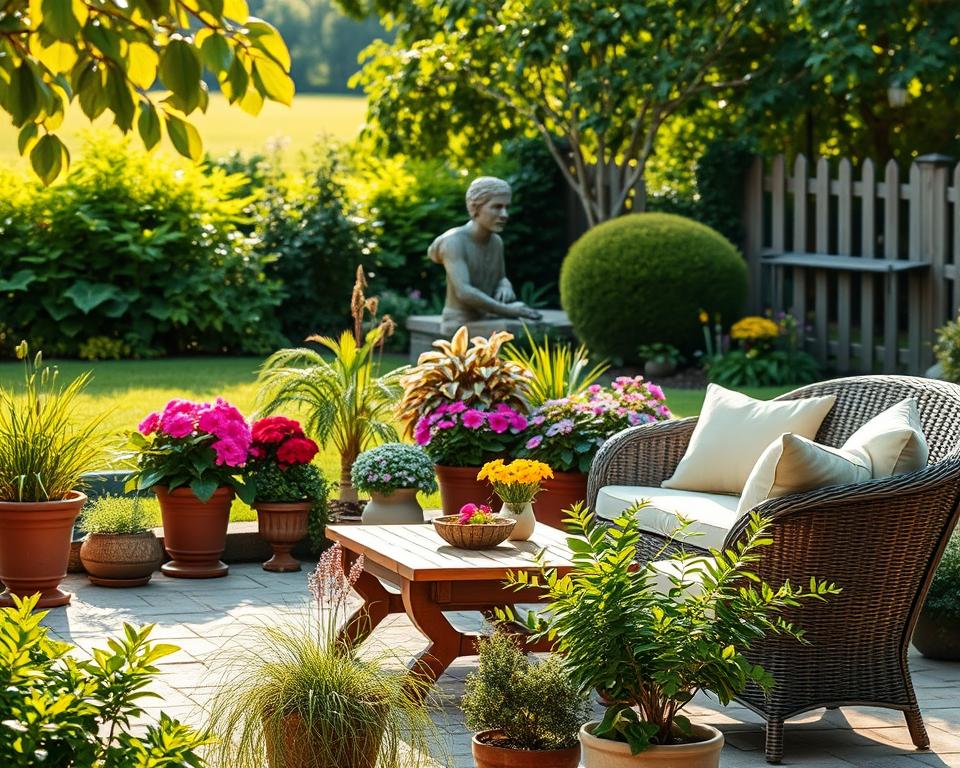 A serene garden scene featuring a harmonious selection of plants and outdoor furniture. In the foreground, a cozy seating area with elegant, weather-resistant wicker chairs and a wooden coffee table adorned with decorative cushions. The middle ground showcases lush green plants, including vibrant flowers in pots and ornamental shrubs, creating a inviting atmosphere. In the background, a beautifully manicured lawn and a quaint wooden fence, with soft sunlight filtering through the leaves, casting gentle shadows. The overall mood is tranquil and inviting, perfect for relaxation and gatherings. Use warm, natural lighting to enhance the colors and details, capturing the essence of outdoor living. Aim for a soft-focus lens effect to give a dreamy quality to the scene.