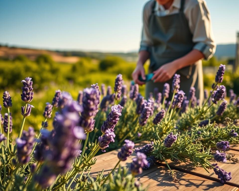 A serene garden scene featuring a person gently pruning lavender plants in full bloom, dressed in modest gardening attire. In the foreground, vibrant clusters of purple lavender are visible, some freshly cut stems lounging on a rustic wooden table. In the middle ground, the gardener, a focused figure, carefully trims back the plants, showcasing proper pruning techniques. The background features a softly blurred landscape of lush greenery and a bright blue sky, suggesting a warm, sunny day that enhances the peaceful atmosphere. The lighting is warm and golden, evoking a sense of tranquility and harmony with nature, viewed from a slightly angled perspective to add depth to the scene.
