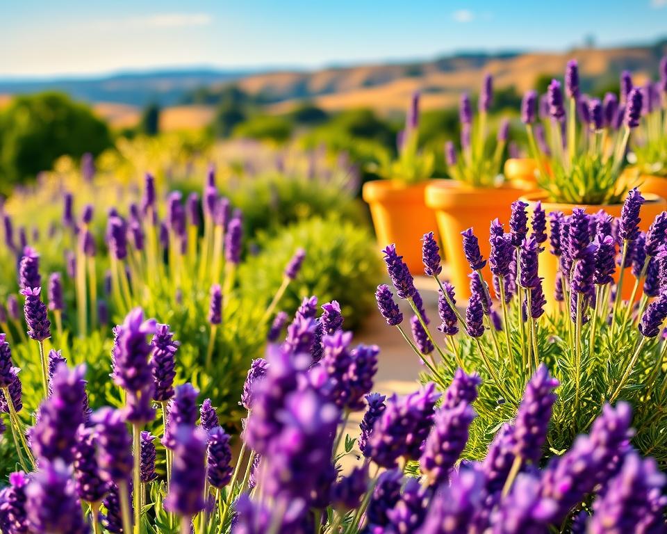 A serene garden scene featuring lush lavender plants flourishing in both a traditional garden bed and elegant terracotta pots. In the foreground, vibrant purple lavender flowers are in full bloom, their rich color contrasting beautifully with green, foliage. The middle ground showcases the carefully arranged pots, each containing healthy lavender sprouts, bathed in warm, golden sunlight, enhancing the freshness of the plants. In the background, a softly blurred landscape with a clear blue sky creates a calm atmosphere, evoking tranquility and contentment. The lighting is soft, emphasizing the delicate textures of the lavender petals, inviting viewers to appreciate the beauty of lavender cultivation. The perspective captures the scene from a slightly elevated angle, providing a comprehensive view of the garden.