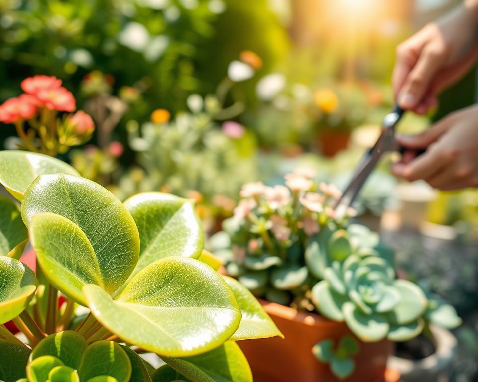 A serene garden scene focusing on the care of Aptenia cordifolia, also known as heartleaf ice plant. In the foreground, a close-up of healthy, vibrant green leaves with shiny, succulent surfaces, alongside a gardener's hands gently pruning the plant with a pair of shears. The middle ground features an aesthetically arranged pot of Aptenia with small, delicate pink flowers in full bloom, showcasing a sunny spring day. In the background, soft-focus blurred garden elements such as other succulents and flowers, bathed in warm sunlight creating a fresh and inviting atmosphere. The image should be bright and airy with a natural, wholesome vibe, captured from a slightly elevated angle to emphasize the plant's structure.