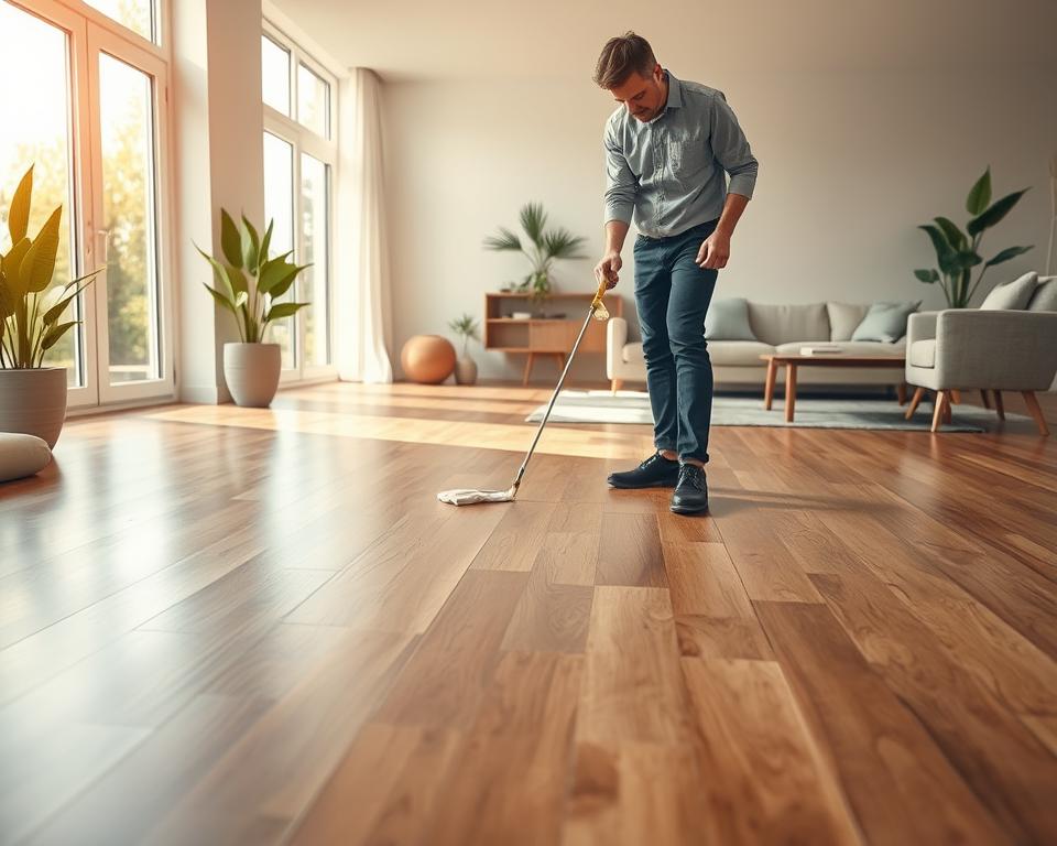 A serene interior of a modern home featuring freshly maintained laminate flooring, showcasing the process of preserving the aesthetic with silicone oil. In the foreground, a professional tradesperson in smart casual attire applies silicone oil to the floor using a soft cloth, capturing the meticulous effort put into the maintenance. In the middle, the polished wooden floor reflects warm, natural light streaming in through large windows, enhancing the rich colors and grain of the panels. The background includes minimalist decor elements, such as potted plants and stylish furniture, emphasizing a clean and welcoming atmosphere. The overall mood is calm and focused, reflecting the importance of floor care for a beautifully maintained living space. The lighting is soft and inviting, creating a gentle glow throughout the scene.
