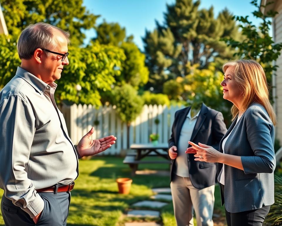 A serene neighborhood scene depicting a successful mediation between two neighbors. In the foreground, a middle-aged man and a woman, both dressed in smart casual attire, are engaged in a calm discussion, with open body language indicating a positive dialogue. In the middle ground, there is a well-kept yard with a white picket fence, a few potted plants, and a picnic table, suggesting a friendly environment. In the background, lush green trees and a clear blue sky create a peaceful atmosphere. The lighting is warm and inviting, reminiscent of early afternoon sunlight, casting soft shadows. The overall mood is constructive and harmonious, illustrating effective conflict resolution strategies.