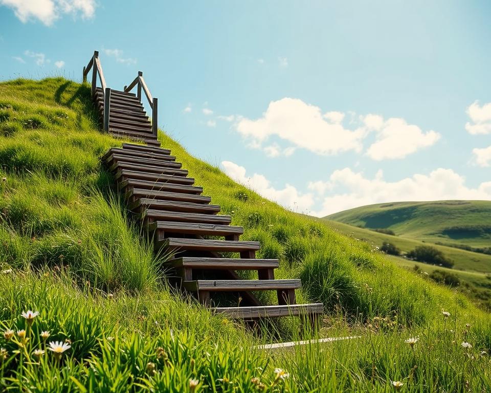 A serene outdoor scene depicting a staircase made from railway sleepers, elegantly integrated into a sloped landscape. In the foreground, the coarse texture of the wooden sleepers is highlighted, showing the natural grain and weathered details. The staircase zigzags upward, surrounded by lush green grass and wildflowers, emphasizing its rustic charm. The middle ground features gently rolling hills that enhance the staircase’s elevation. In the background, a bright blue sky with soft clouds creates a tranquil atmosphere. Soft, diffused sunlight illuminates the scene, enhancing the warmth of the wood and the vibrant greenery. Capture the essence of nature's harmony with man-made structures, focusing on stability and organic beauty. No human figures present, ensuring the focus remains solely on the staircase and surroundings.
