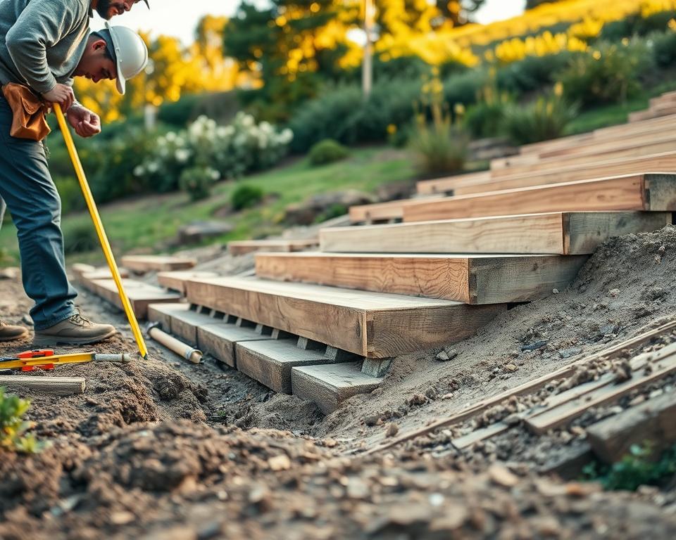 A serene outdoor scene focused on the meticulous preparation of soil for building stairs on a slope. In the foreground, a skilled craftsman dressed in professional work attire is carefully measuring and leveling the ground with a spirit level and tools scattered around him. The middle layer features various wooden elements that are being treated with a protective waterproofing solution, showcasing intricate details of the wood grain. In the background, the lush greenery of a sloped garden complements the setting, bathed in warm, golden afternoon light that casts soft shadows. The angle captures both the action and the serene environment, creating an atmosphere of dedication and craftsmanship in this important stage of construction.