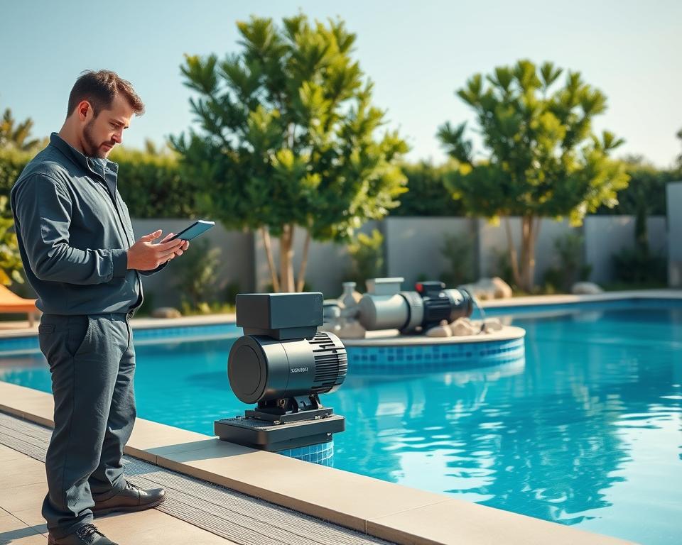 A serene outdoor setting featuring a modern swimming pool equipped with advanced pool pump technology. In the foreground, a focused technician in professional attire inspects the pool pump, taking notes on a tablet. The middle ground showcases the sleek, state-of-the-art pool pump and filtration system, surrounded by lush greenery and decorative stones that enhance the tranquil atmosphere. In the background, a clear blue sky and soft, natural lighting create an inviting ambiance. The scene is captured with a wide-angle lens, emphasizing the harmony between technology and nature, radiating a sense of expertise and sophistication in pool maintenance and technology. A serene outdoor setting featuring a modern swimming pool equipped with advanced pool pump technology. In the foreground, a focused technician in professional attire inspects the pool pump, taking notes on a tablet. The middle ground showcases the sleek, state-of-the-art pool pump and filtration system, surrounded by lush greenery and decorative stones that enhance the tranquil atmosphere. In the background, a clear blue sky and soft, natural lighting create an inviting ambiance. The scene is captured with a wide-angle lens, emphasizing the harmony between technology and nature, radiating a sense of expertise and sophistication in pool maintenance and technology.