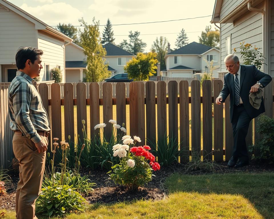 A serene residential scene featuring a well-maintained backyard with a wooden fence dividing two properties. In the foreground, a concerned homeowner dressed in smart casual attire stands next to a garden, glancing towards the neighbor's side. On the neighbor's side, a representative figure, also in professional attire, is seen tending to weeds with a frown. In the middle ground, a flowering garden blooms, symbolizing community ties overshadowed by tension. The background depicts a peaceful suburban neighborhood with sunny skies, casting warm, inviting light across the scene, enhancing the sense of calm despite the underlying conflict. The overall mood should convey a mix of concern and tranquility, illustrating the complexities of neighborly relations and legal rights.