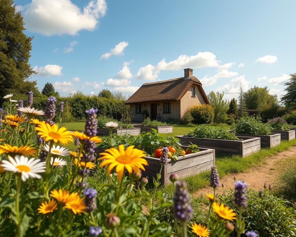 A serene rural garden in full bloom, featuring a variety of colorful flowers like daisies, sunflowers, and lavender in the foreground. A well-maintained vegetable patch with ripe tomatoes and leafy greens occupies the middle ground, surrounded by rustic wooden raised beds. In the background, a charming cottage with a thatched roof sits under a bright blue sky, with soft, fluffy clouds drifting lazily. The scene is bathed in warm, natural lighting, suggesting a sunny afternoon. Capture the essence of peaceful rural life, focusing on the balanced harmony between nature and cultivation. Utilize a wide-angle lens to encompass the lush greenery and create a bright, inviting atmosphere, perfect for showcasing the joys of gardening and maintenance tips. A serene rural garden in full bloom, featuring a variety of colorful flowers like daisies, sunflowers, and lavender in the foreground. A well-maintained vegetable patch with ripe tomatoes and leafy greens occupies the middle ground, surrounded by rustic wooden raised beds. In the background, a charming cottage with a thatched roof sits under a bright blue sky, with soft, fluffy clouds drifting lazily. The scene is bathed in warm, natural lighting, suggesting a sunny afternoon. Capture the essence of peaceful rural life, focusing on the balanced harmony between nature and cultivation. Utilize a wide-angle lens to encompass the lush greenery and create a bright, inviting atmosphere, perfect for showcasing the joys of gardening and maintenance tips.