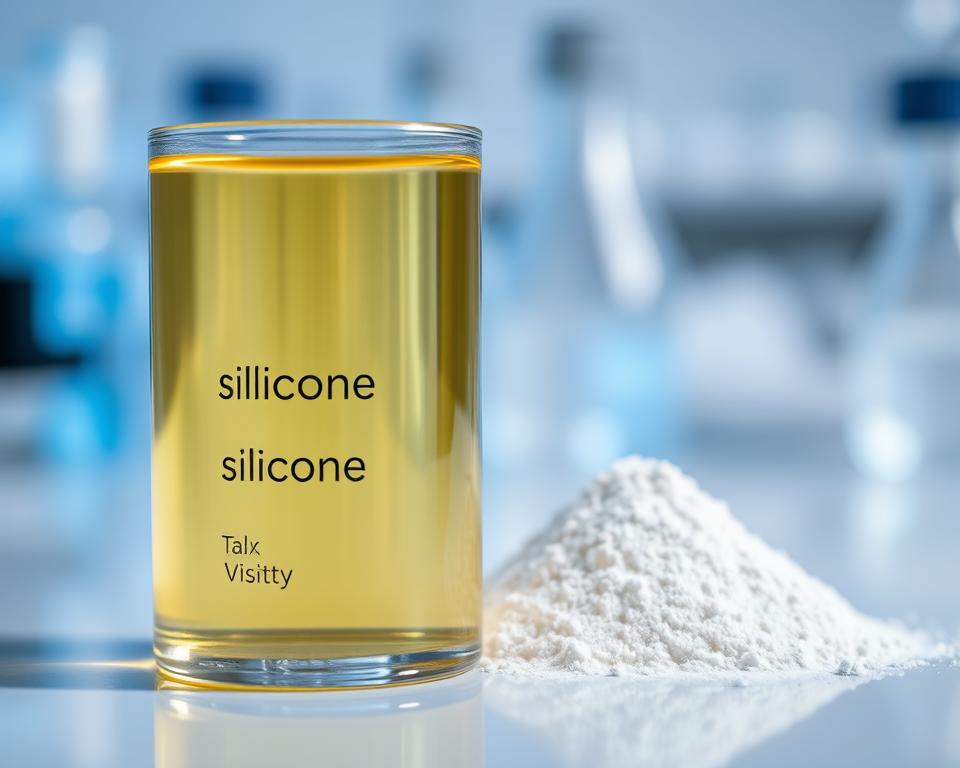 A split composition showcasing a comparison between silicone oil and talc in a technical context. In the foreground, a clear glass container filled with smooth, glistening silicone oil on the left, contrasted by a small mound of fine, powdery talc on the right. The middle ground features detailed labels with distinct properties, like viscosity and texture. The background is a soft-focus laboratory setting, emphasizing a clean and professional environment with subtle blue lighting to enhance the clarity of the materials. Use a macro lens effect to capture the textures closely, highlighting the shiny surface of the silicone oil against the matte finish of the talc. The atmosphere should feel scientific and informative, inviting the viewer to explore the nuances of each material.