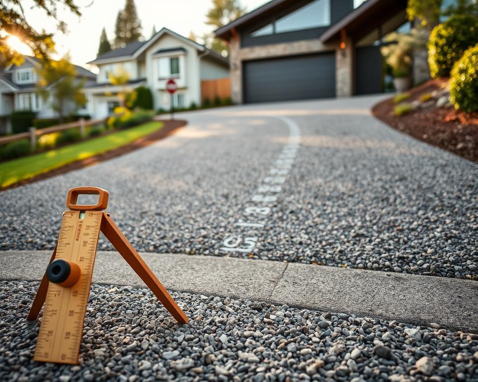 A steep driveway leading up to a modern garage, showcasing an analysis of terrain slope. In the foreground, a measuring tool, like a level or inclinometer, rests on the ground, indicating the incline angle. The middle ground features the driveway, covered in gravel, with distinct markings showing different slope measurements. In the background, a neighborhood with residential houses and greenery complements the scene. Soft afternoon sunlight casts warm shadows, creating a clear contrast between the slope and surrounding elements. Capture this scene from a slightly elevated angle to emphasize the incline, focusing on the details of the driveway's texture and the measurement tools, evoking a sense of seriousness and professionalism about the analysis and planning process.