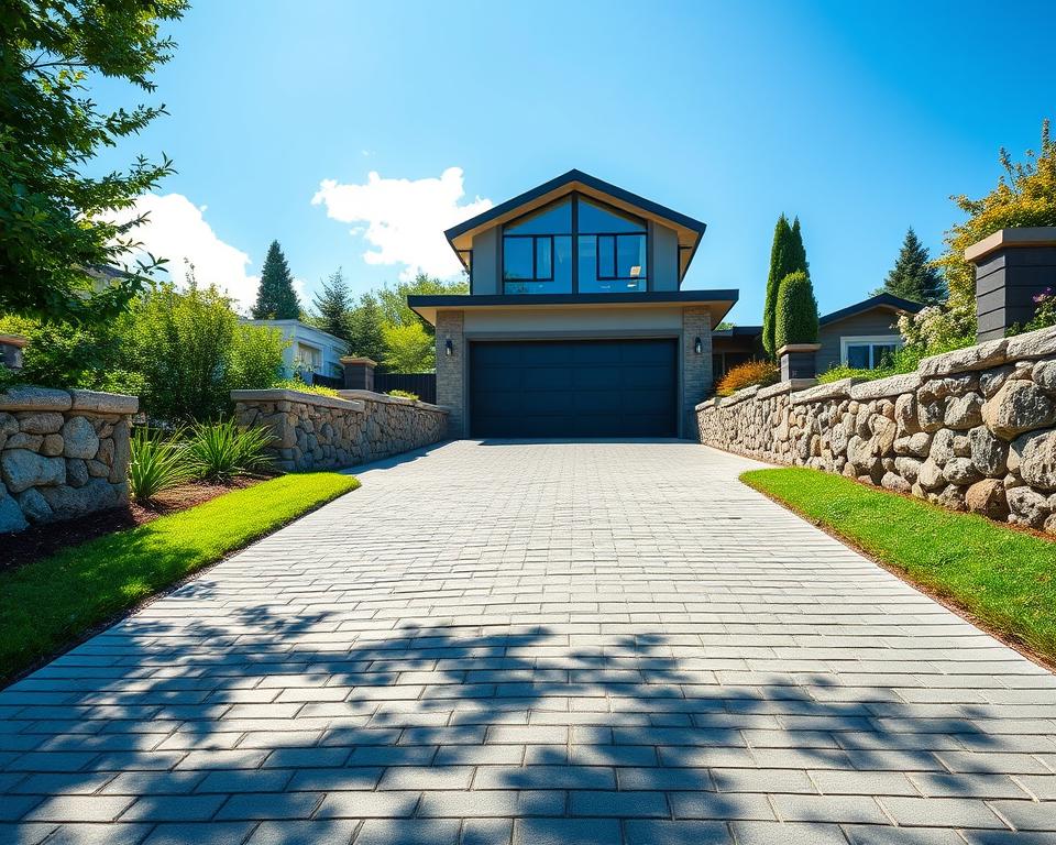 A steep driveway leading up to a modern garage, surrounded by greenery and decorative stone walls. In the foreground, a well-constructed, paved driveway showcases an optimal gradient, allowing smooth access for vehicles. The middle ground features the sleek garage with large windows reflecting sunlight, complemented by landscaped plants flanking the driveway. The background includes a clear blue sky with soft clouds, establishing a bright and inviting atmosphere. Natural sunlight casts gentle shadows, highlighting the texture of the pavement and surrounding features. The scene embodies a practical, aesthetically pleasing solution for overcoming a sloped garage entrance, evoking a feeling of comfort and accessibility.