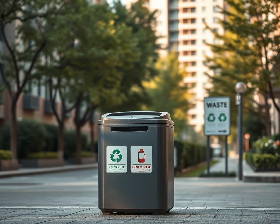 A thoughtfully designed urban space showcasing a proper waste bin location according to legal regulations. In the foreground, a modern waste bin made of sustainable materials, clearly labeled for recycling and general waste. The middle ground features a clean, organized street lined with green trees and well-maintained sidewalks, emphasizing environmental responsibility. The background displays a residential building with a sign indicating local waste disposal guidelines, creating a sense of community awareness. The scene is bathed in warm, natural lighting, creating an inviting atmosphere. Use a slight tilt-angle perspective to enhance depth, and maintain a professional, serene mood that reflects the importance of adhering to waste disposal regulations. No people present in the scene, ensuring a focus on the location and setup.