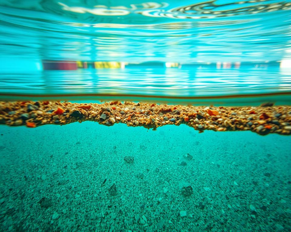 A tranquil scene depicting the causes of sediment accumulation at the bottom of a swimming pool. In the foreground, the pool floor is visible, featuring layers of fine sediment and debris, showcasing different textures and colors such as brown and green, illustrating organic matter and mineral deposits. In the middle ground, a gentle ripple effect on the water's surface reflects sunlight filtering through, creating dappled light patterns. The background includes a well-maintained garden visible through the clear water, contributing to the serene atmosphere. The image should have natural lighting conveying a peaceful afternoon mood, with a slight overhead angle emphasizing the pool's depth and details of the sediment, evoking a sense of calm and clarity in pool maintenance.
