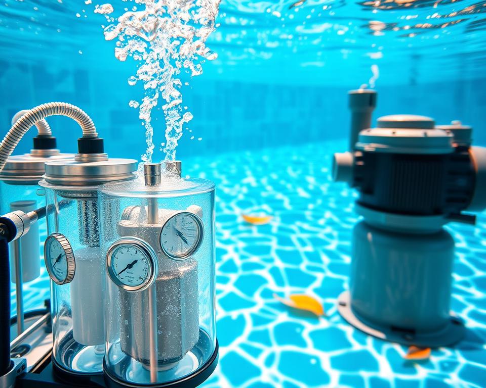 A vibrant and detailed underwater scene showcasing the crucial components of water filtration and pumping systems in maintaining pool cleanliness. In the foreground, feature a clear filtration unit with water flowing through it, alongside a powerful pump, both exhibiting intricate details like dials and hoses. In the middle ground, depict crystal clear water with a few floating leaves, highlighting the effectiveness of these systems. In the background, include a beautiful, well-maintained pool with sparkling tiles reflecting the sunlight. The lighting should be bright and natural, capturing the blue hues of the water and creating a sense of freshness. The mood is serene and inviting, emphasizing the importance of clean water in a swimming environment.