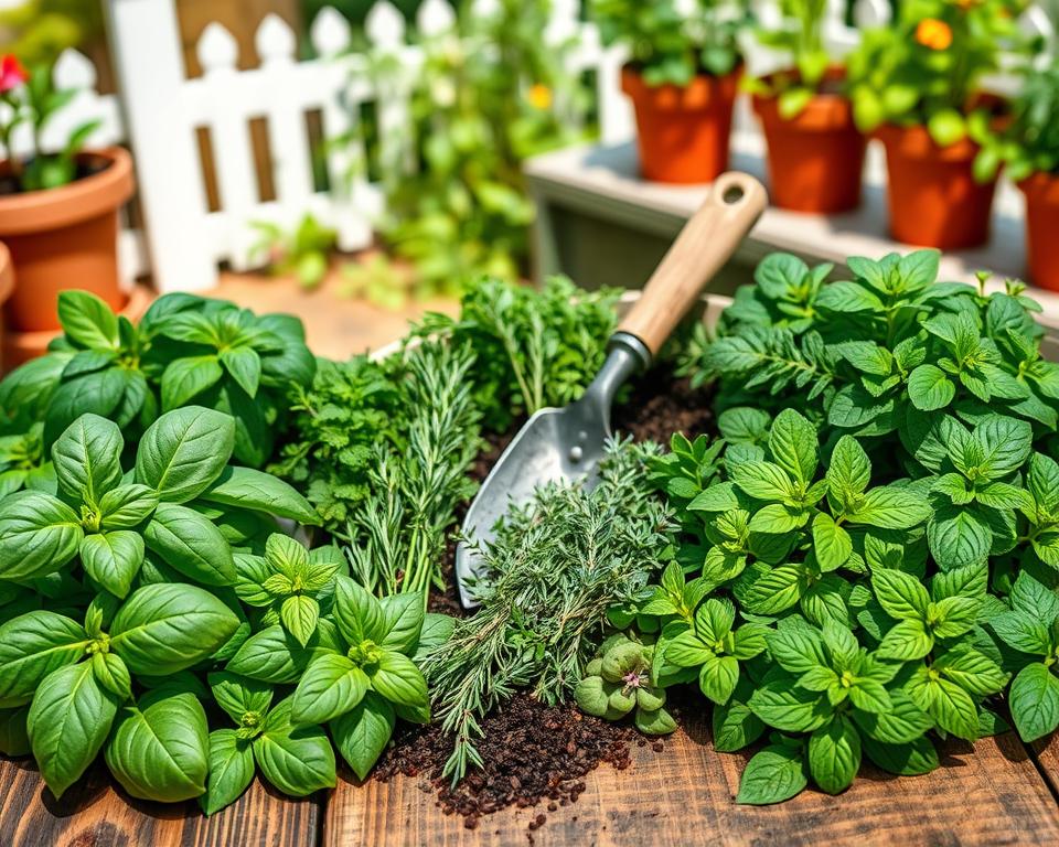 A vibrant collection of popular herb varieties displayed on a rustic wooden table. In the foreground, fresh basil, rosemary, thyme, and mint are intricately arranged with their lush green leaves and delicate flowers. The middle section features gardening tools like a trowel and potting soil, suggesting an inviting atmosphere for planting. In the background, a sunlit herb garden with terracotta pots and a white picket fence adds depth and charm. Utilize soft, natural lighting to create a warm, welcoming ambiance while ensuring the focus is sharp on the herbs. The angle should be slightly overhead, capturing the beauty of the herbs and the gardening setup in an inspiring yet professional manner.
