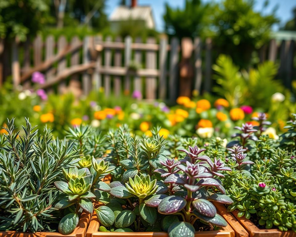 A vibrant garden scene showcasing a variety of perennial herb seedlings, including rosemary, thyme, and sage, arranged neatly in wooden crates. In the foreground, focus on dew-kissed leaves and delicate purple and green hues, emphasizing the texture of the fresh herbs. In the middle ground, a peaceful garden bed filled with lush greenery and brightly colored flowers surrounds the herbs, creating a harmonious atmosphere. The background features a soft-focus view of a rustic wooden fence and a clear blue sky, hinting at a sunny day. The lighting is warm and inviting, casting gentle shadows that enhance the herbs' details. Aim for a serene and flourishing garden ambiance, capturing the essence of sustainable gardening.