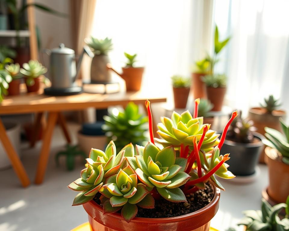 A vibrant indoor garden featuring a variety of healthy, well-maintained Aptenia sercolistna succulents, showcasing their fleshy leaves and unique red stems. In the foreground, a beautifully arranged pot with several succulents displays their intricate textures and colors, glistening under soft, natural sunlight. The middle ground includes a stylish wooden table holding gardening tools, a small watering can, and a few more potted succulents, all arranged harmoniously. The background is a sunlit window with sheer curtains, allowing gentle light to filter through, creating a warm and inviting atmosphere. Emphasize the tranquility and beauty of growing succulents indoors, evoking a sense of peace and joy in gardening. Use a shallow depth of field to keep the focus on the plants while softly blurring the background.