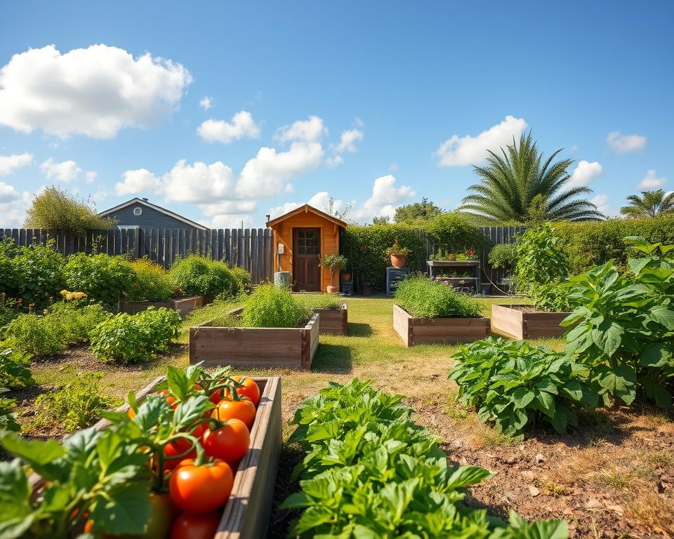 A vibrant vegetable garden in a backyard setting, featuring neatly arranged rows of lush green plants, colorful vegetables like tomatoes, carrots, and peppers. In the foreground, a rustic wooden garden bed filled with herbs and flowering plants adds variety. The middle ground showcases a small wooden shed with gardening tools and a cozy seating area surrounded by raised planters. In the background, a clear blue sky with soft, fluffy clouds enhances the serene atmosphere. The scene is bathed in warm, natural sunlight, creating dappled shadows on the ground. The perspective is captured from an angle that highlights the garden's layout, evoking a sense of tranquility and productivity. The overall mood is inviting and nurturing, ideal for showcasing a functional vegetable garden design.