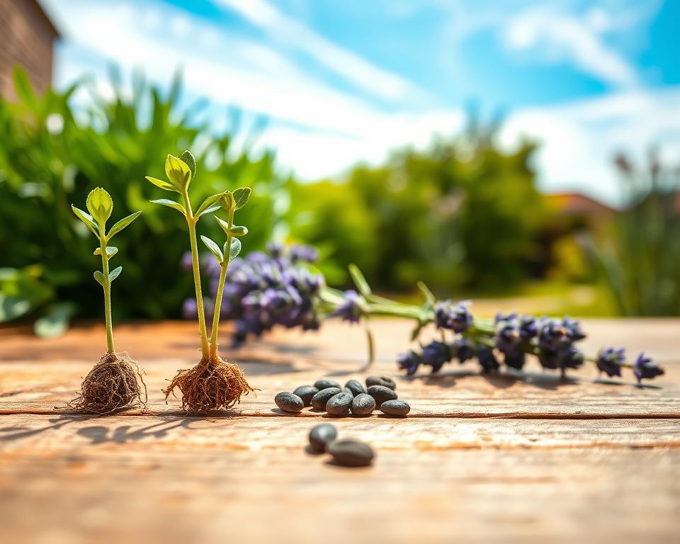 A vivid comparison of lavender seedlings and seeds displayed side by side on a rustic wooden table. In the foreground, focus on the delicate, vibrant green seedlings with intricate root systems visible, next to small, dark lavender seeds, highlighting their size difference. The middle ground features lush greenery and a few sprigs of flowering lavender to provide context. In the background, softly blurred out, a sunny garden setting with a blue sky and wispy clouds creates an uplifting atmosphere. Gentle, natural light illuminates the scene, emphasizing the textures of the plants. Capture this image from a slightly angled overhead perspective to provide depth, ensuring a serene and inviting mood, perfect for illustrating the growth potential of lavender in its first year.