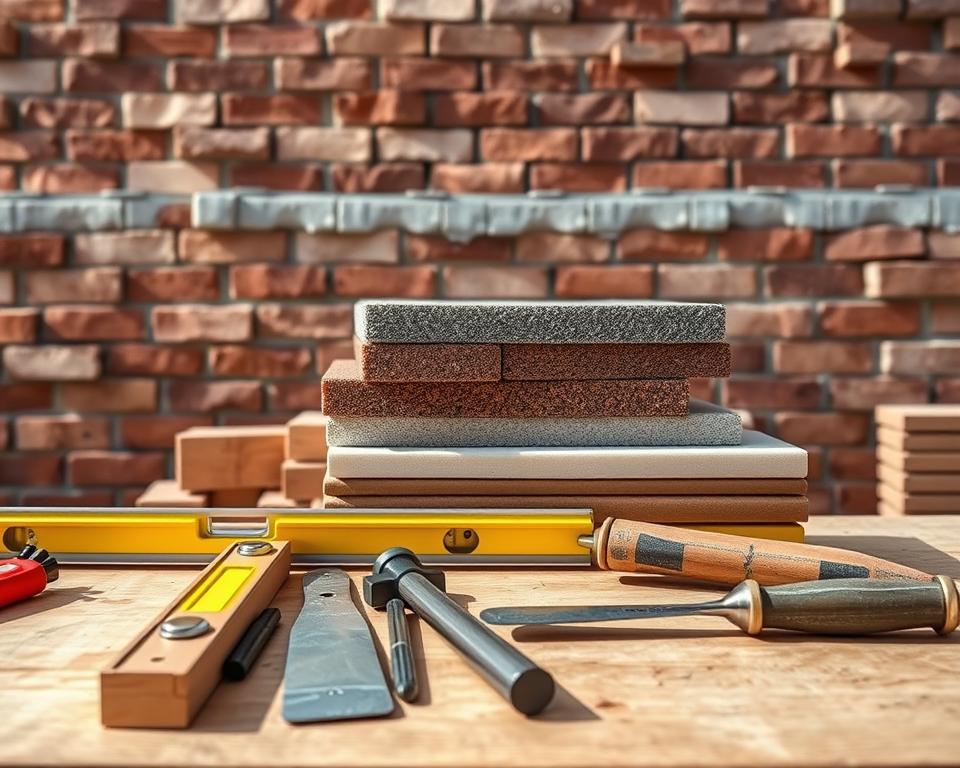 A well-arranged workspace featuring tools and materials for joint expansion preparation. In the foreground, a neatly organized set of tools including a spirit level, trowel, and joint filler, all laid out on a sturdy workbench. In the middle, a stack of expansion joint materials like foam and rubber, with detailed textures visible. The background showcases a partially constructed brick wall, with bricks laid out and some expansion joints already installed. Bright, natural lighting floods the scene, highlighting the tools' metallic surfaces and the texture of the materials. The atmosphere is focused and industrious, perfect for a construction setting, accentuating the importance of preparation in the project. No people are present in the image.