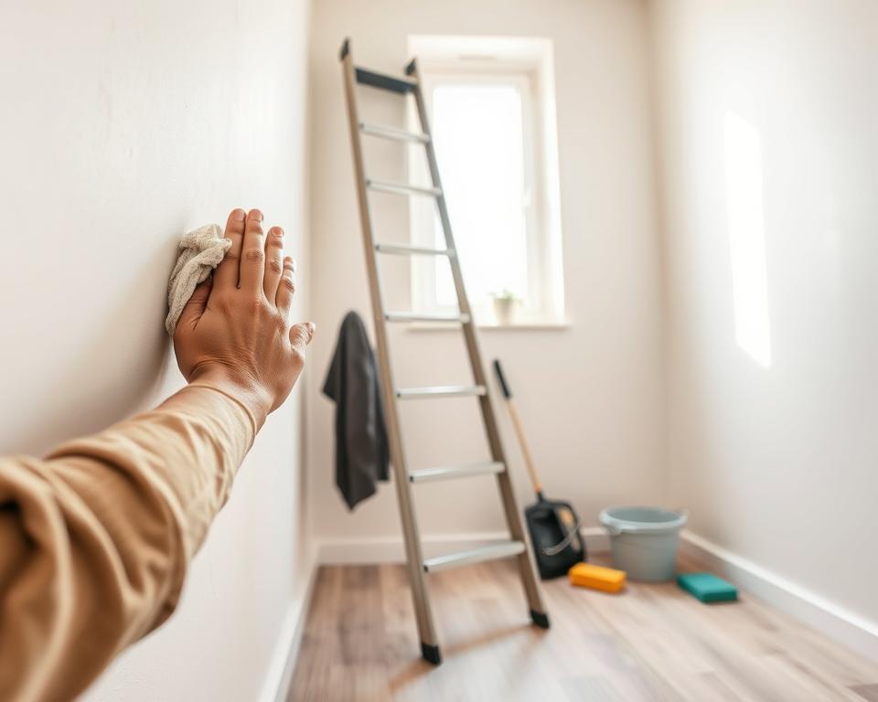 A well-lit, clean interior space showcasing the preparation of walls for washing. In the foreground, a pair of hands in modest casual attire gently wiping down a wall with a damp cloth, removing dust and grime. The middle layer features a ladder leaning against the wall, surrounded by cleaning supplies like a bucket, mop, and sponge arranged neatly. In the background, soft natural light streams in through a window, illuminating the room with a warm ambiance. The walls are a soft pastel color, reflecting a serene and organized atmosphere. The composition is shot from a low angle, focusing on the action of cleaning while depicting an inviting, homely environment perfect for a wall washing guide.