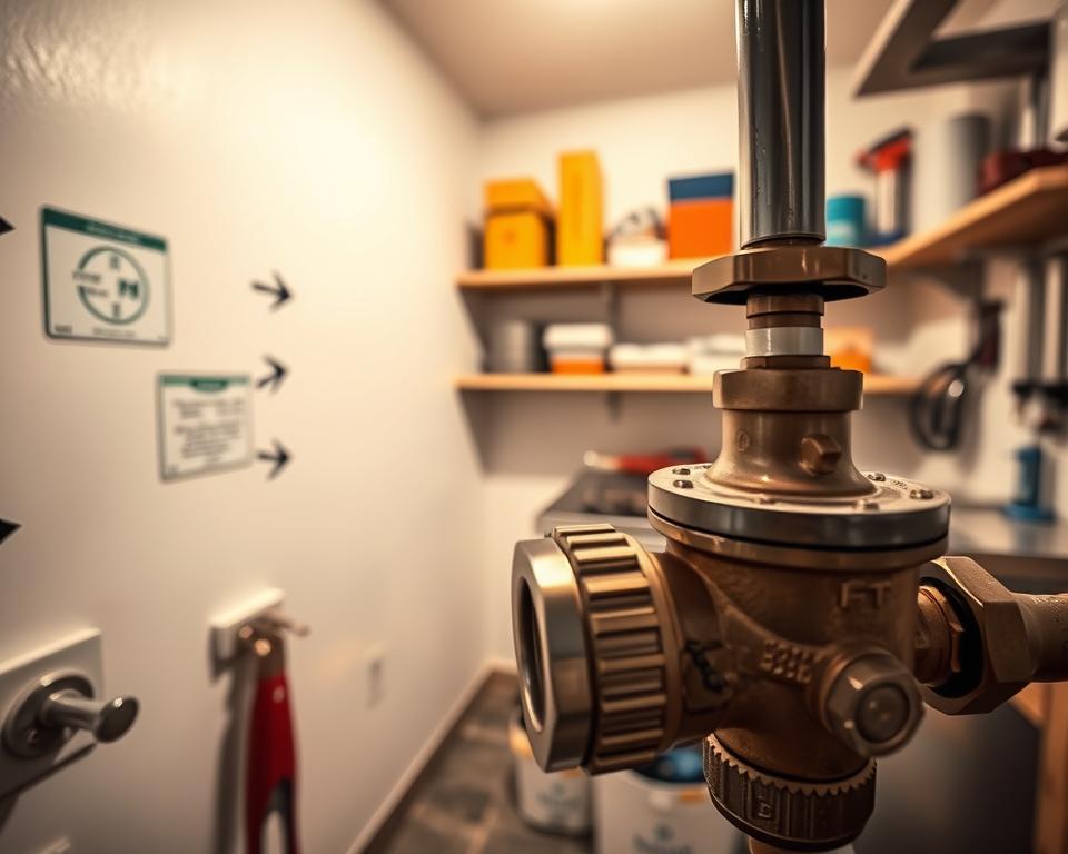 A well-lit, clean utility area showcasing the main water valve in a home. In the foreground, a close-up of the valve, detailed with the handle and piping, highlighting its metallic texture and functionality. The middle ground features a wall with labels and arrows pointing to the valve, ensuring clarity for the viewer. In the background, shelves with tools and plumbing supplies create an organized yet lived-in atmosphere. Soft, warm lighting enhances the space, giving a welcoming feel, while shadows create depth. The angle is slightly tilted from above, providing a comprehensive view. This image should evoke a sense of guidance and clarity, making it easy for readers to identify the main water valve location.