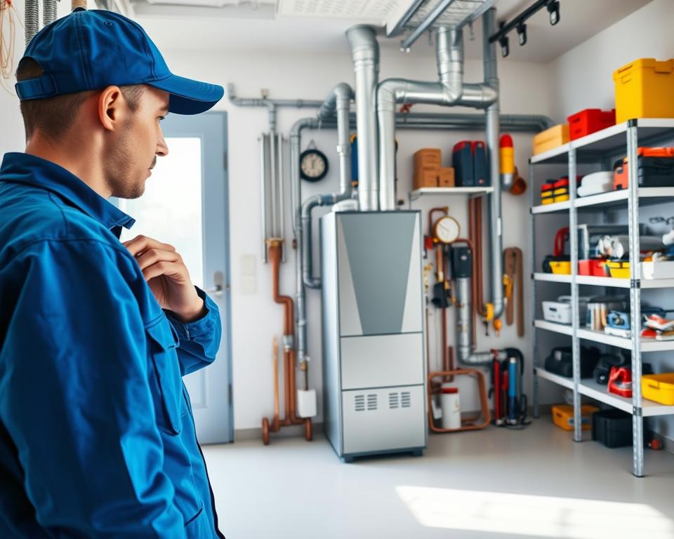 A well-lit interior of a modern utility room featuring a professional technician in a blue uniform, carefully inspecting a gas furnace. In the foreground, the technician is focused on a control panel, adjusting temperature settings. The middle showcases the gas furnace itself, with visible pipes, gauges, and safety mechanisms clearly highlighted. In the background, shelves filled with tools and safety equipment are neatly organized, contributing to a sense of preparedness. The overall scene is bright and sterile, emphasizing safety and efficiency, with natural light streaming in through a window, creating a confident and secure atmosphere. The image captures the essence of proper preparation and safety control when operating a gas furnace.
