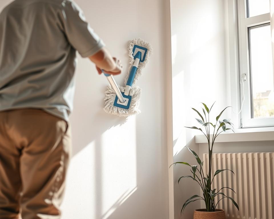 A well-lit interior scene showcasing a person efficiently cleaning a wall with a mop. In the foreground, the individual, dressed in modest casual clothing, is actively wiping the wall with a high-quality mop, demonstrating proper technique. The middle section features a freshly cleaned wall with no visible stains, showcasing the difference between clean and unclean surfaces for illustrative purposes. In the background, bright natural light streams through a window, creating a warm and inviting atmosphere. Soft shadows add depth to the scene, while the overall composition emphasizes a clean, organized home environment. The focus is on the cleaning process, promoting an engaging and practical mood.