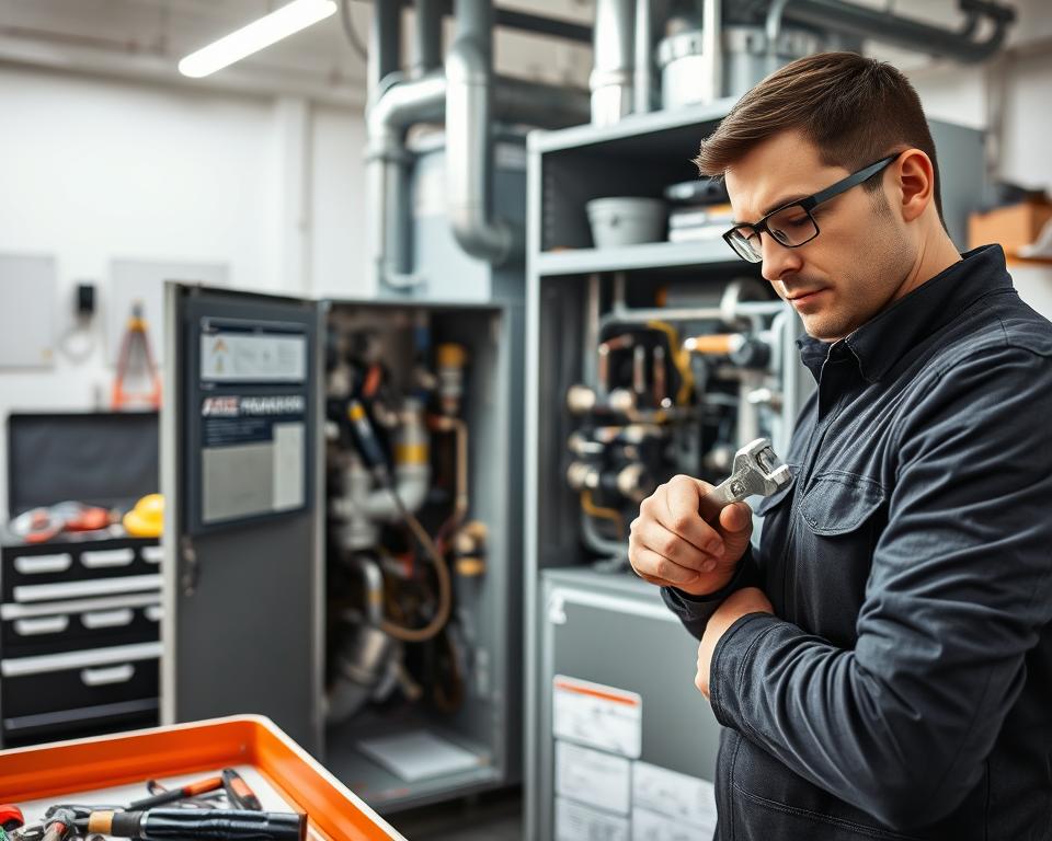A well-lit workshop scene focused on the maintenance of a gas furnace. In the foreground, a technician in professional work attire is carefully inspecting the furnace's components, holding a wrench in one hand. The middle ground features the gas furnace itself, prominently displayed, with its panel open, revealing intricate internal parts such as valves, burners, and pipes. The background includes a toolbox filled with tools and spare parts, along with safety equipment such as goggles and gloves. The overall atmosphere is one of professionalism and focus, with bright, even lighting illuminating the workspace. Use a slight angle to provide depth, showcasing the technician's attentive expression as they perform their maintenance tasks. The image should evoke a sense of diligence and expertise in gas furnace maintenance.