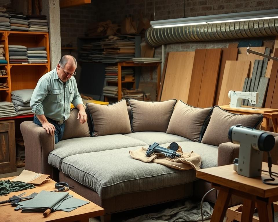 A well-lit workshop scene showcasing the fundamentals of repairing a corner sofa bed. In the foreground, a skilled craftsman, dressed in modest casual clothing, is demonstrating the repair process on a partially disassembled corner sofa, with cushions and fabric arranged neatly around him. The middle ground features tools such as a staple gun, fabric swatches, and a sewing machine, emphasizing the hands-on repair techniques. The background is a rustic workshop, with wooden shelves filled with upholstery materials and an ambient light source illuminating the space. The overall mood is practical and focused, highlighting the art of furniture repair, with an emphasis on detail and craftsmanship in the work environment.