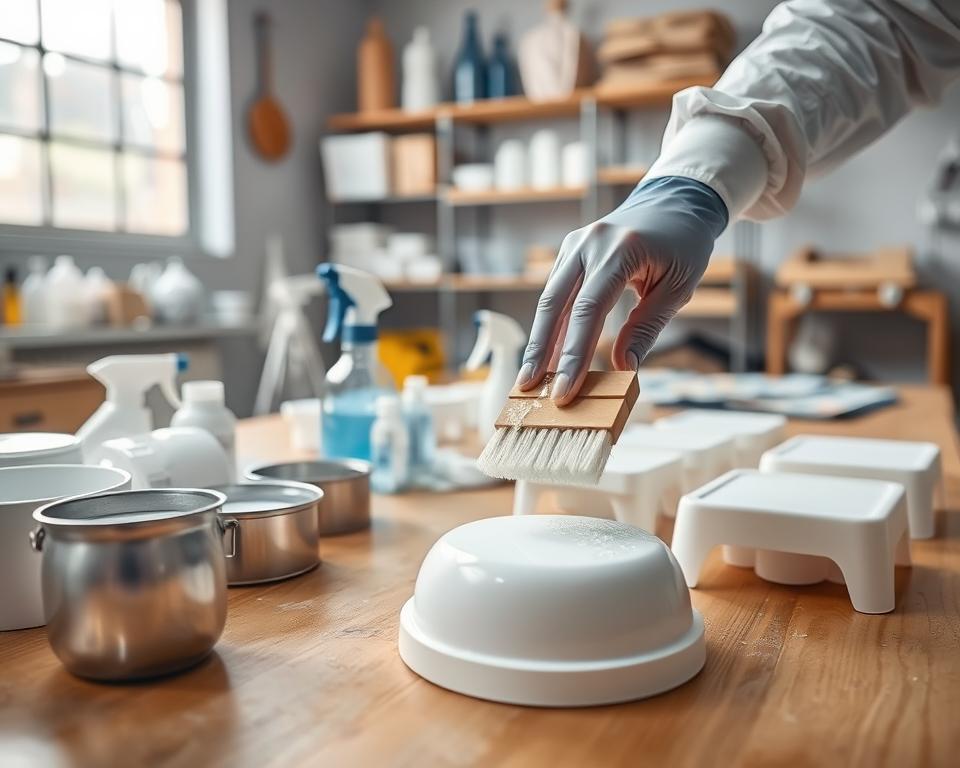 A well-lit workshop table prominently displays a variety of plastic items showing signs of discoloration. In the foreground, a hand in professional attire gently scrubs the surface of a faded white plastic object with a soft brush, surrounded by small containers of baking soda and water. The middle section features preparation tools like a spray bottle and cloth, emphasizing an organized workspace. The background has soft focus elements like shelves filled with cleaning materials and a window allowing natural light to illuminate the scene, creating a clean, inviting atmosphere. The angle captures the action of preparing the surface before whitening, conveying a sense of diligence and attention to detail while maintaining a bright and clean feel.
