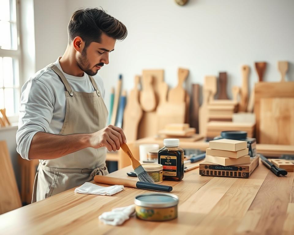 A well-lit workspace featuring a professional applying silicone oil to a wooden surface. In the foreground, a focused individual in a clean, professional apron is using a brush to apply the oil, showcasing the technique of even application. The middle ground presents an array of tools including brushes, cloths, and a container of silicone oil, highlighting the preparation stage. In the background, tools like a sanding block and an assortment of wood samples are visible, emphasizing the importance of surface preparation. Natural lighting floods the space, creating a warm and inviting atmosphere, while the camera angle captures both the action and the detailed textures of the surfaces being treated.