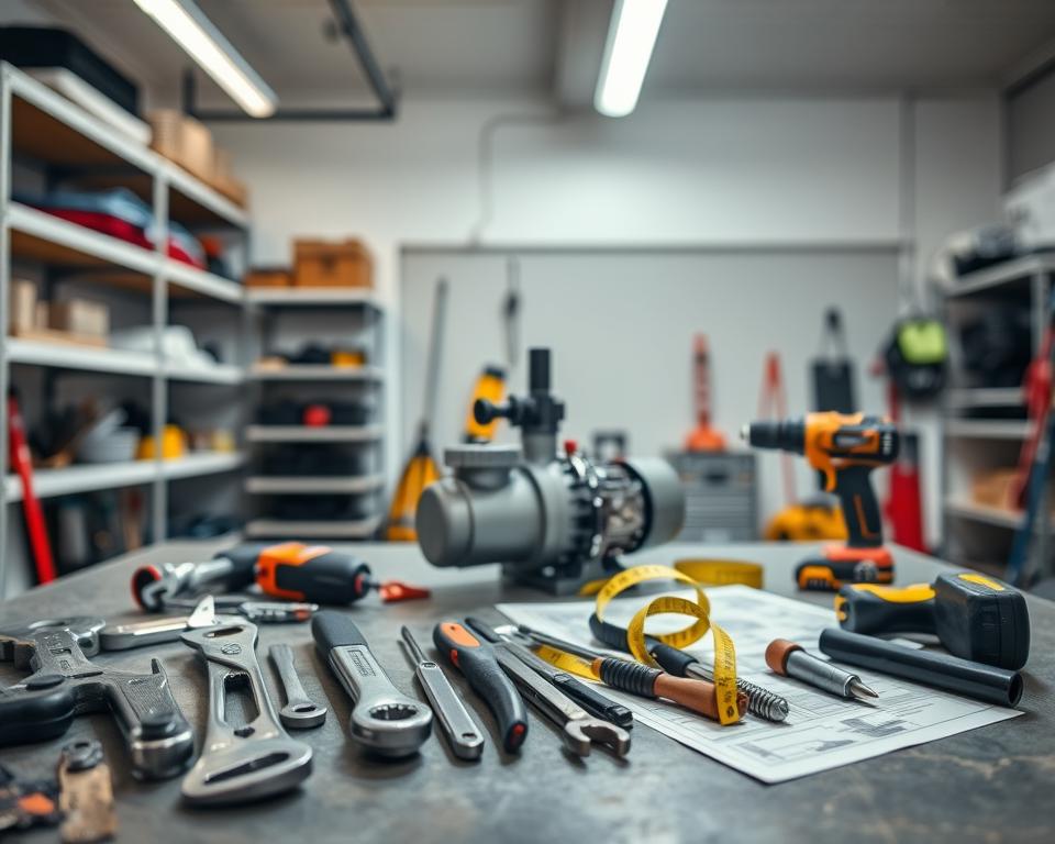 A well-organized array of essential tools for installing a pool pump, prominently displayed on a sturdy workbench. Foreground: a close-up of a collection of items including a wrench, pliers, screwdriver, drill, and measuring tape, arranged neatly. Middle ground: a partially assembled pool pump, showcasing its components, with technical diagrams or instruction manuals spread nearby. Background: a clean, well-lit garage space with shelves containing other tools and equipment, illuminated by bright overhead lights that create a professional and efficient atmosphere. The overall mood is focused and industrious, with a neutral color palette to emphasize the tools and pump. ensure no distractions or clutter are present in the surroundings. A well-organized array of essential tools for installing a pool pump, prominently displayed on a sturdy workbench. Foreground: a close-up of a collection of items including a wrench, pliers, screwdriver, drill, and measuring tape, arranged neatly. Middle ground: a partially assembled pool pump, showcasing its components, with technical diagrams or instruction manuals spread nearby. Background: a clean, well-lit garage space with shelves containing other tools and equipment, illuminated by bright overhead lights that create a professional and efficient atmosphere. The overall mood is focused and industrious, with a neutral color palette to emphasize the tools and pump. ensure no distractions or clutter are present in the surroundings.