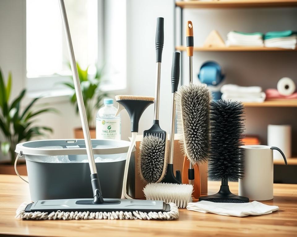 A well-organized display of wall cleaning tools arranged on a wooden table. In the foreground, a sleek mop with a detachable microfiber head, a bucket filled with soapy water, and a spray bottle of multi-surface cleaner. In the middle, various brush types for different wall textures: a sponge-like scrubber, an extendable dusting pole, and lint-free cloths. In the background, blurred shelves filled with other cleaning supplies, like gloves and a roll of paper towels. Soft, natural lighting filters in from a nearby window, creating a clean and inviting atmosphere. The scene is captured from a slightly elevated angle, emphasizing the tools while ensuring a tidy and professional look.