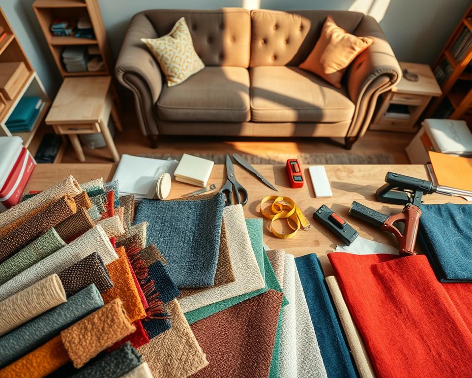 A well-organized workspace for upholstery renovation, featuring a variety of materials such as fabric swatches, foam padding, and tools like scissors, a staple gun, and a measuring tape. In the foreground, a vibrant assortment of textured fabric swatches in various colors and patterns, neatly arranged. The middle ground showcases tools neatly laid out on a wooden table, with a partially disassembled corner sofa in the background, casting soft shadows under warm, natural lighting. The scene conveys a sense of creativity and focus, emphasizing a cozy yet professional atmosphere, perfect for a DIY upholstery project. The angle is slightly overhead, providing a comprehensive view of the materials and tools needed for the renovation process, with an inviting ambiance.