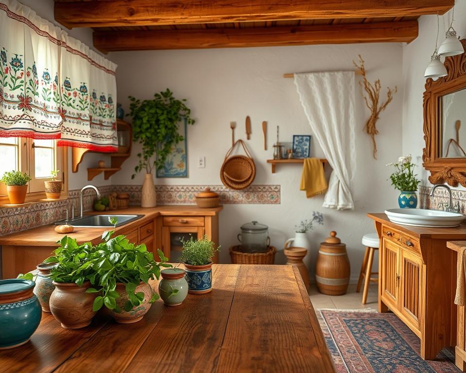 A whimsical folk-inspired kitchen and bathroom, showcasing vibrant traditional patterns and textures. In the foreground, a rustic wooden table adorned with handmade pottery filled with fresh herbs. The kitchen features colorful embroidered curtains and a backsplash with intricate folk motifs in blues and reds. In the middle, a charming sink area with hand-painted tiles and woven baskets of natural materials. The bathroom presents a similar theme, with a wooden vanity topped with folk art accents and a mirror framed in carved wood. Soft, warm lighting filters in, creating a cozy atmosphere. The background reveals wooden beams overhead, enhancing the rustic charm of the spaces, all captured in a wide-angle perspective to embrace the full essence of the folk style. A whimsical folk-inspired kitchen and bathroom, showcasing vibrant traditional patterns and textures. In the foreground, a rustic wooden table adorned with handmade pottery filled with fresh herbs. The kitchen features colorful embroidered curtains and a backsplash with intricate folk motifs in blues and reds. In the middle, a charming sink area with hand-painted tiles and woven baskets of natural materials. The bathroom presents a similar theme, with a wooden vanity topped with folk art accents and a mirror framed in carved wood. Soft, warm lighting filters in, creating a cozy atmosphere. The background reveals wooden beams overhead, enhancing the rustic charm of the spaces, all captured in a wide-angle perspective to embrace the full essence of the folk style.