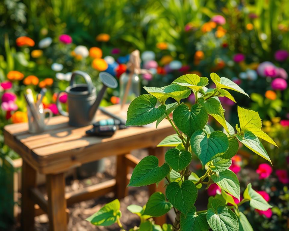 Lush green apetenia sercolistna saplings with heart-shaped leaves, rich in varying shades of green, prominently displayed in the foreground, with their delicate, fleshy texture glistening under soft, diffused sunlight. The background showcases a vibrant garden scene, full of colorful, blooming flowers and verdant foliage, hinting at the potential of a flourishing garden. A wooden garden table is subtly placed, holding gardening tools and a watering can, adding a touch of rustic charm. The atmosphere is warm and inviting, conveying a sense of tranquility and growth. Capture the scene with a shallow depth of field, focusing on the saplings while gently blurring the background, enhancing their importance as the centerpiece of a beautiful garden.