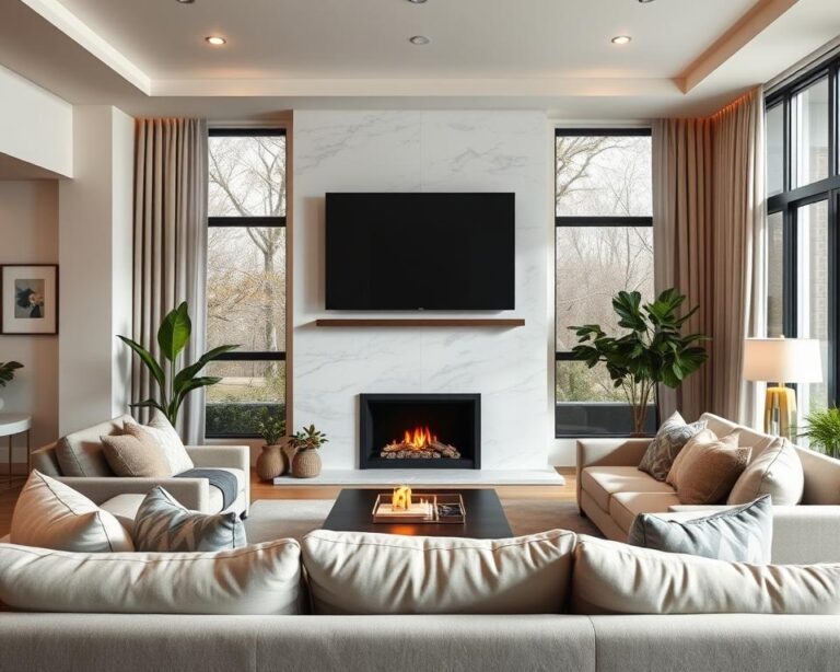 nowoczesny salon z kominkiem i telewizorem